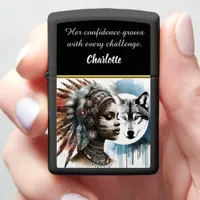 A powerful portrait of a native warrior and wolf zippo lighter