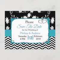 Black & Blue Floral Hearts Save the Date Announcement Postcard