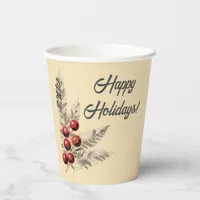 Retro Holly Berries and Evergreen  Paper Cups