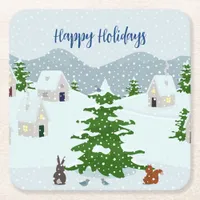 Winter village with snow, bunny, squirrel and pine square paper coaster