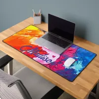 Colorful Modern Abstract Paint Personalize Name Desk Mat