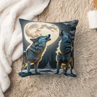 Wolves Howling Under a Full Moon in Winter Forest Throw Pillow