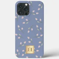 Elegant Pastel Blue Floral Shiny Gold Monogram iPhone 13 Pro Max Case