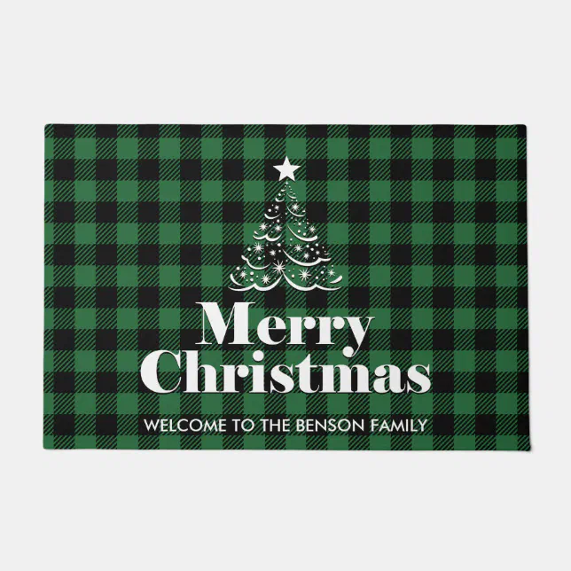 Merry Christmas Buffalo Check Plaids Green Doormat