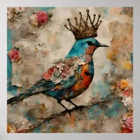 Bird in a Crown Mixed Media Collage Poster