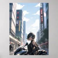 Anime woman biking downtown - Ultra tall Poster