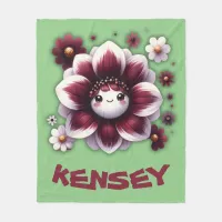 Cute Monogram Burgundy and White Flower on Green | Fleece Blanket