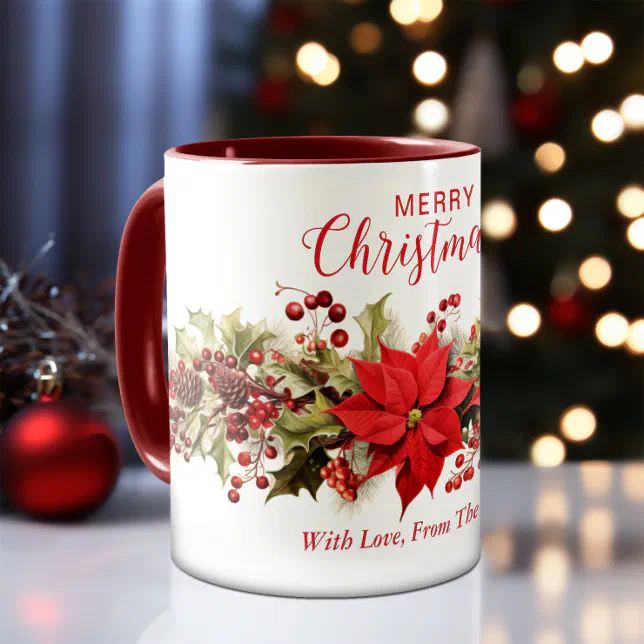 Red Poinsettia Flowers Wreath Christmas Holiday Mug