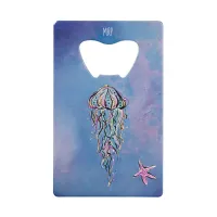 *~*  Glitter Jelly Fish Star Fish Blue Watercolor Credit Card Bottle Opener