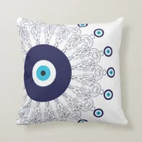 Elegant Navy Blue Aqua Evil Eye Boho Chic Mandala Throw Pillow