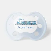 Personalized Blue Baby Boy Train and Name Pacifier
