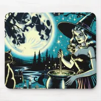 Vintage Halloween Witch stirring a Cauldron Mouse Pad