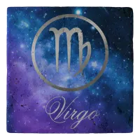 Grey Zodiac Virgo & sign on blue galaxy | Trivet