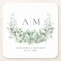 Monogram Elegant Eucalyptus Greenery Wedding Square Paper Coaster