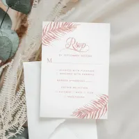 Elegant Palm Leaf Rose Gold White Wedding RSVP Card