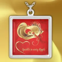 Gold goldfish on red foil monogram | silver plated necklace