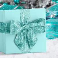 Aqua Blue Glitter Coastal Christmas Satin Ribbon