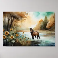 'Horse in the Stream Amidst Autumn Sunflowers'  Poster