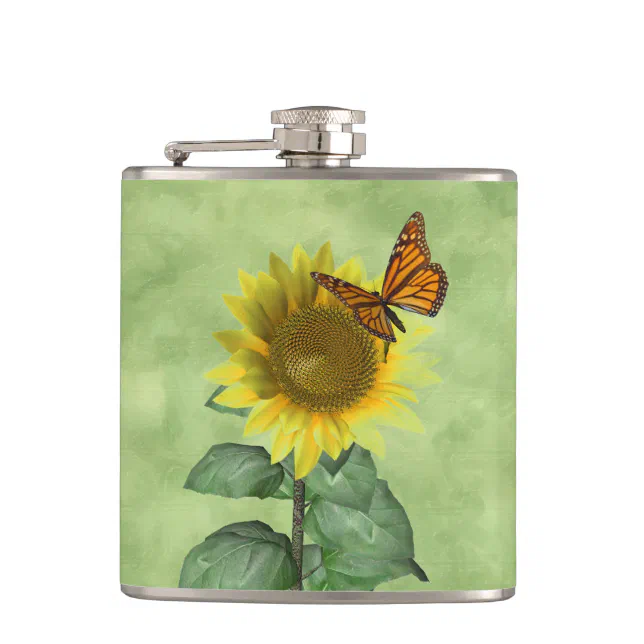 Pretty Yellow Sunflower and Orange Butterfly Hip Flask