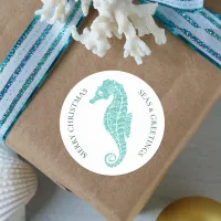 Aqua Blue Glitter Seahorse Coastal Christmas Classic Round Sticker