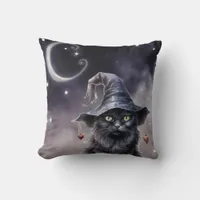 Black Halloween Cat Wearing a Witch Hat Throw Pillow