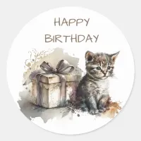 Happy Birthday | Cute Gray Kitten and Gift Classic Round Sticker