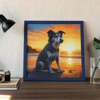 Cute Dog on Beach at Sunset  Poster