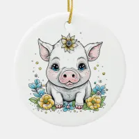 Cute Baby Piglet with Flower on her Head Ceramic Ornament