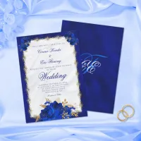 Elegant Royal Blue Monogram Roses Formal Wedding Invitation