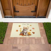 Cute Orange Tabby Kitten in Fall Leaves Doormat