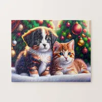 Cute puppy and cat under Christmas tree Jigsaw Puzzle