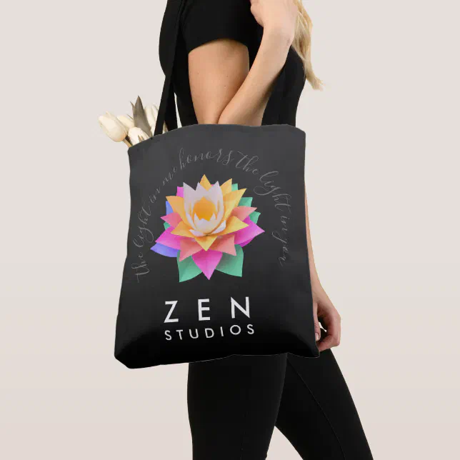 Elegant Multi-Colored Lotus Flower on Black Tote Bag