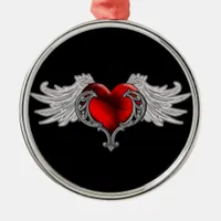 Goth Heart with Angel Wings Metal Ornament