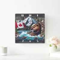 Beaver Near Canadian Flag and Mountain Stream Square Wall Clock