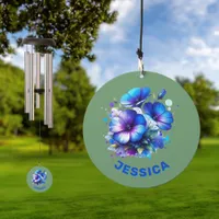 Blue Floral Name Monogram on green | Wind Chime