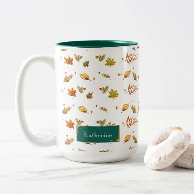 Green Monogram Fall Leaf Thanksgiving Two-Tone Coffee Mug