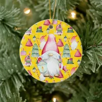 Christmas Santa Gnome & Yellow Pattern Name & Date Ceramic Ornament