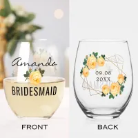 Bridesmaid Gold Glitter Geo Orange Floral Wed Stemless Wine Glass