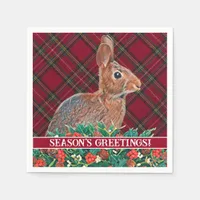 Rabbit with Holly Berries and Plaid Napkins