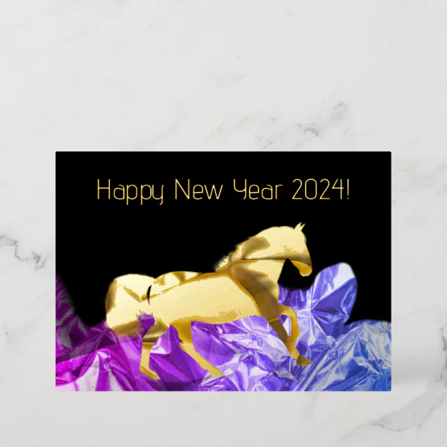 Horse on crumpled glossy paper - happy new year 20 foil holiday card