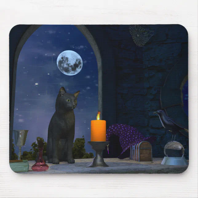 Cute Black Cat Staring at a Candle Mouse Pad