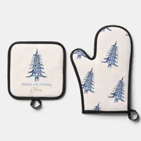 Blue Pagoda Christmas Tree  Oven Mitt & Pot Holder Set