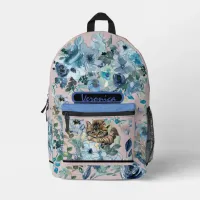 Cute  Blue Floral  with a cat  Printed Backpack