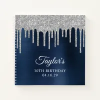 Silver Glitter Drips Dusty Navy Blue 30th Birthday Notebook