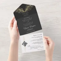 Elegant Fairy Lights Black & Gold QR Code Wedding All In One Invitation