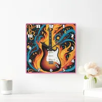 Electric guitar surrounded by vibrant flames square wall clock