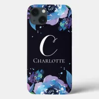 Monogram on Dark Blue with Purple Blue Flowers iPhone 13 Case