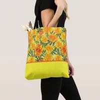 Watercolor Yellow and Orange Marigolds, Color Bloc Tote Bag