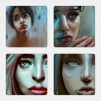 Sad Solemn Women | Ai Generated Faces Coaster Set