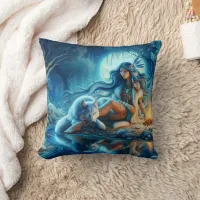 Native American Woman by River With Wolf Throw Pillow